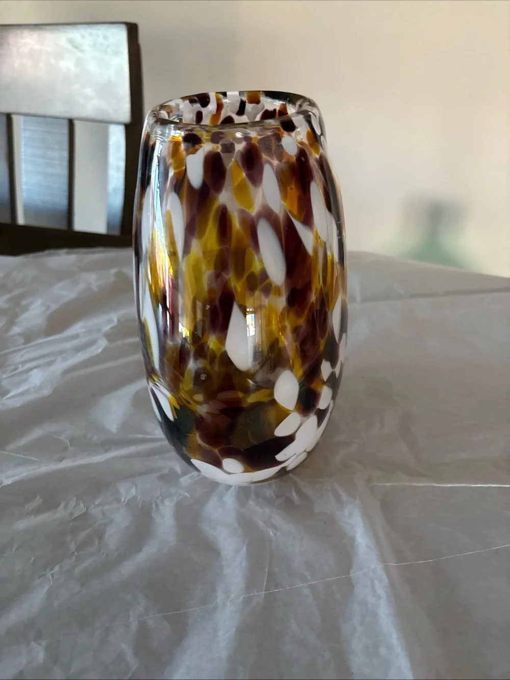 Hand Blown Art Glass Vase White Amber Spots Artisan Studio 7.65” Heavy Solid